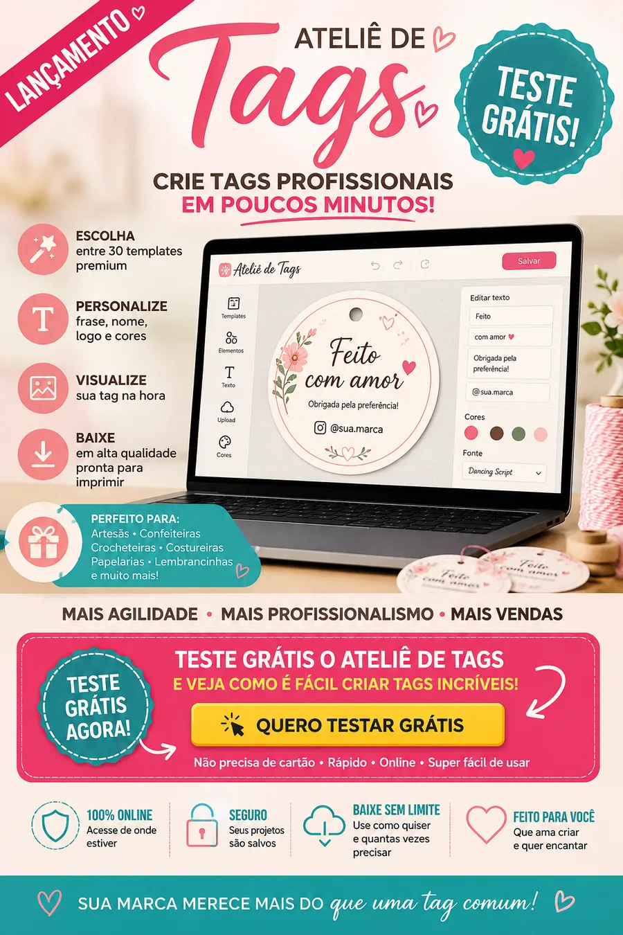 Prévia do Ateliê de Tags com editor para personalizar logo, nome, frases e cores