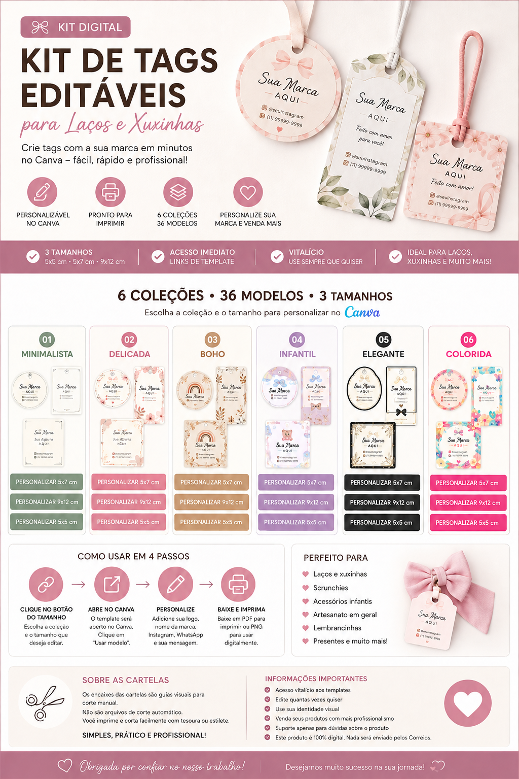 Tags para laços e xuxinhas personalizáveis no Canva
